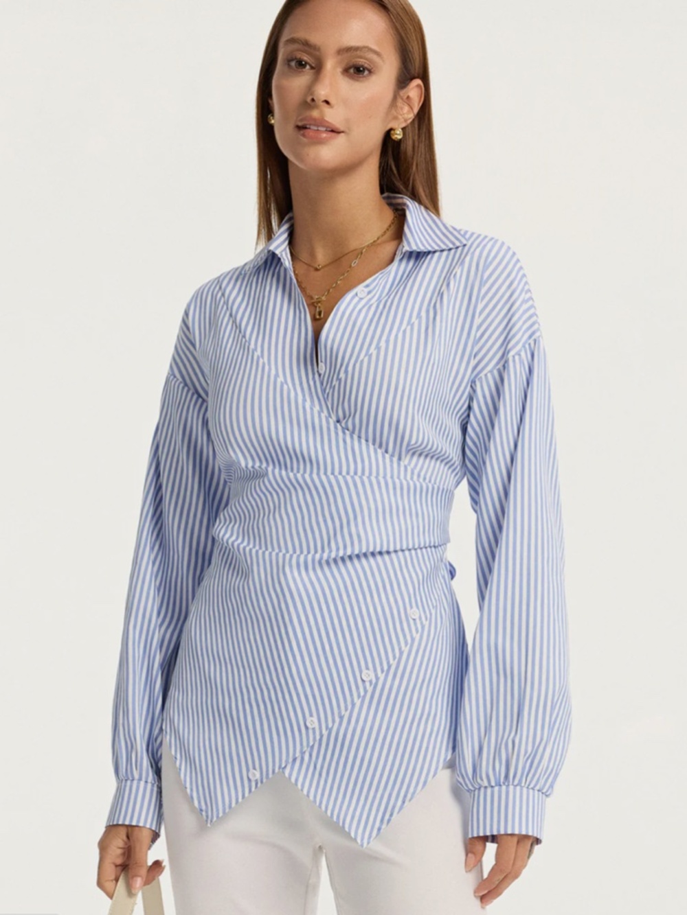 NEW Commense Striped Blue & White Blouse wrap look w/ bow tie back Medium - Picture 6 of 9